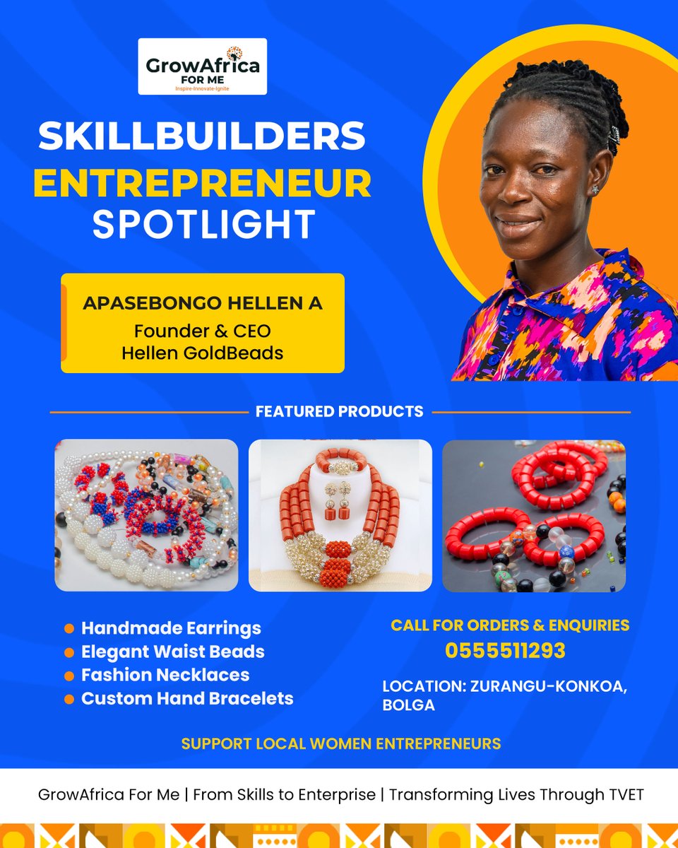 growAfricaforme's tweet photo. FROM SKILLS TO ENTERPRISE… TRANSFORMING LIVES THROUGH TVET.
Meet #Apasebongo #Hellen #Founder & #CEO of #Hellen #GoldBeads, one of the talented entrepreneurs nurtured through the @growAfricaforme #SkillBuilders #Program.
By transforming creativity into enterprise, Hellen is producing beautiful handcrafted bead products while building a sustainable livelihood and inspiring other young women to pursue entrepreneurship.
Let's celebrate and support local businesses by choosing products made with passion and excellence.
📞 Place your orders today: 055 551 1293
Together, we are empowering women, creating enterprises, and transforming lives, one business at a time.
#GrowAfricaForMe #SkillBuilders #EntrepreneurSpotlight #SupportLocal #WomenEntrepreneurs #BeadArt #SkillsToEnterprise #TVET #EnterpriseCreation