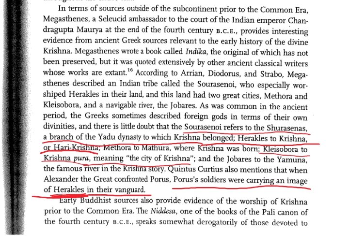 Shaurya3858d's tweet photo. In Megasthenes' Indica, there are tons of references to the worship of Lord Krishna. Sourasenoi means Shurasenas, Herakles as Hari-Krishna, Kleisobora referring to Krishna-Pura, and Jobares referring to river Yamuna. Interestingly, during Alexander's invasion, Porus' soldiers... https://t.co/oiD9c1jGG5