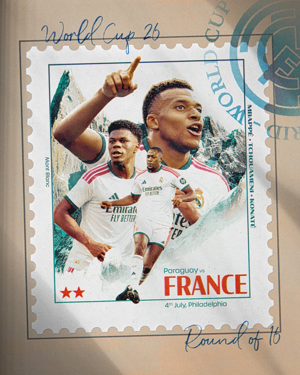 realmadrid's tweet photo. 🇵🇾 🆚 🇫🇷 
👉 @KMbappe
👉 @ATchouameni
👉 @IbrahimaKonate_
⏰ 04/07 | 23:00 CEST 
🏆 Octavos de final | Mundial 2026 https://t.co/FElcLh24A5