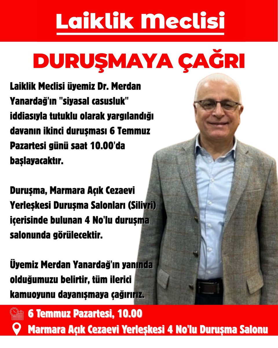 LaiklikMeclisi's tweet photo. Duruşmaya ve Dayanışmaya Çağrı

Laiklik Meclisi üyemiz Dr. Merdan Yanardağ’ın “siyasal casusluk” iddiasıyla tutuklu olarak yargılandığı davanın ikinci duruşması 6 Temmuz Pazartesi günü saat 10.00’da başlayacaktır.

Duruşma, Marmara Açık Cezaevi Yerleşkesi Duruşma Salonları (Silivri) içerisinde bulunan 4 No’lu duruşma salonunda görülecektir.

Üyemiz Merdan Yanardağ’ın yanında olduğumuzu belirtir, tüm ilerici kamuoyunu dayanışmaya çağırırız.

@merdanyanardag @tele2haber @bhdurna @selinnakipoglu