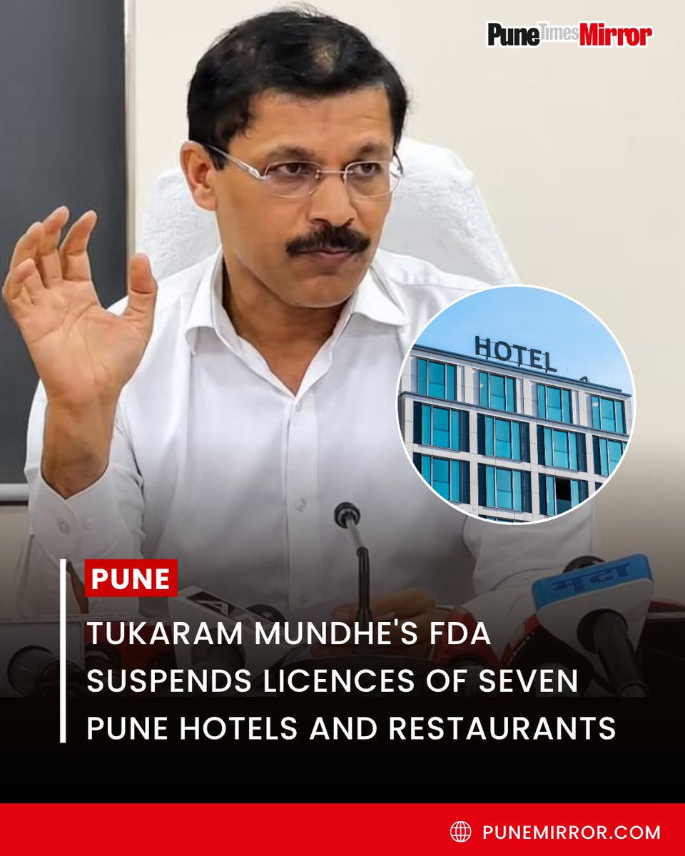 ThePuneMirror's tweet photo. The Food and Drug Administration (FDA) has suspended the licences of seven hotels and restaurants in Pune after inspections found poor hygiene, violations of food safety rules and, in some cases, expired food items. The inspections were carried out between July 1 and July 3 under the Safe Food, Safe Drug, Safe Maharashtra campaign, following the directions of Food Safety Commissioner Tukaram Mundhe.

The establishments facing action include Hotel Grand Purandar (Sinhagad Road), Crown Bakers (Sinhagad Road), Agrotees Catering Pvt. Ltd. (Ambegaon), Barkat Biryani House (Wagholi), Royal Biryani House (Wagholi), and National 360 (Bavdhan). The FDA said strict action will continue against businesses violating food safety norms and urged citizens to report food quality complaints on the toll-free helpline 1800-222-365.

#PuneNews #FoodSafety #FDA #TukaramMundhe #Punetimesmirror