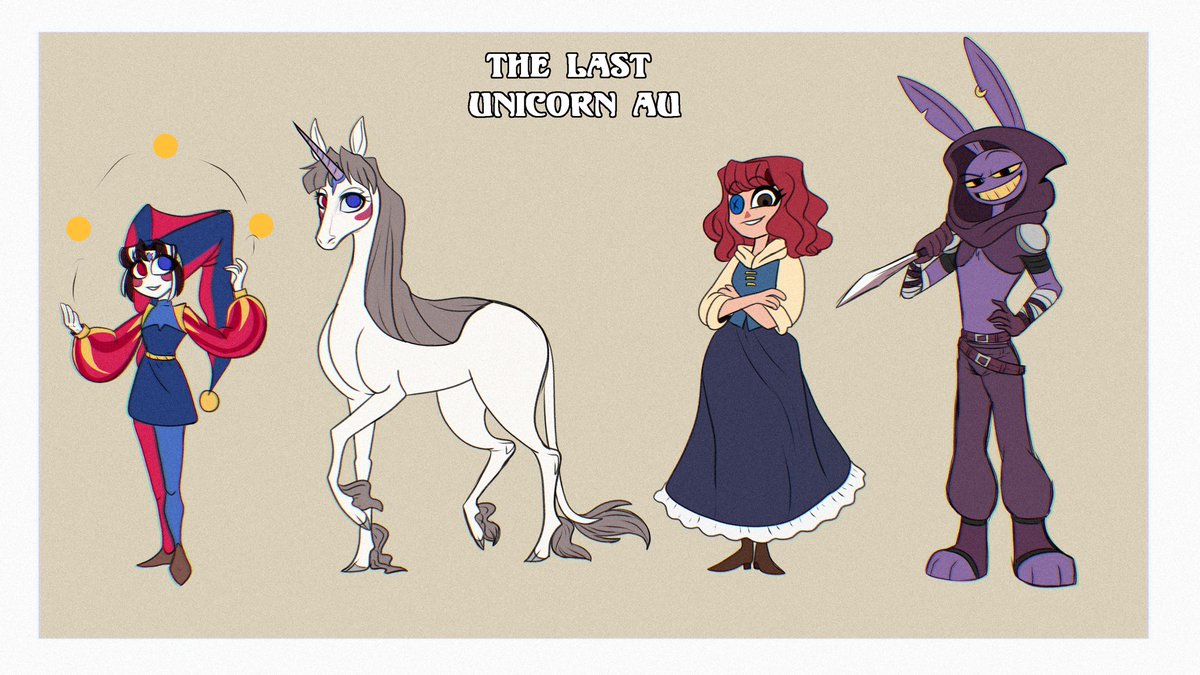 Vanity0329's tweet photo. The Last Unicorn AU!
Pomni is a Unicorn disguised as a jester to survive the ever changing world. She is captured but then freed by a traveling rouge.The two become travel companions and embark on a journey 
#TADC #funnybunny #jesterdoll https://t.co/QE9UAUhsvP