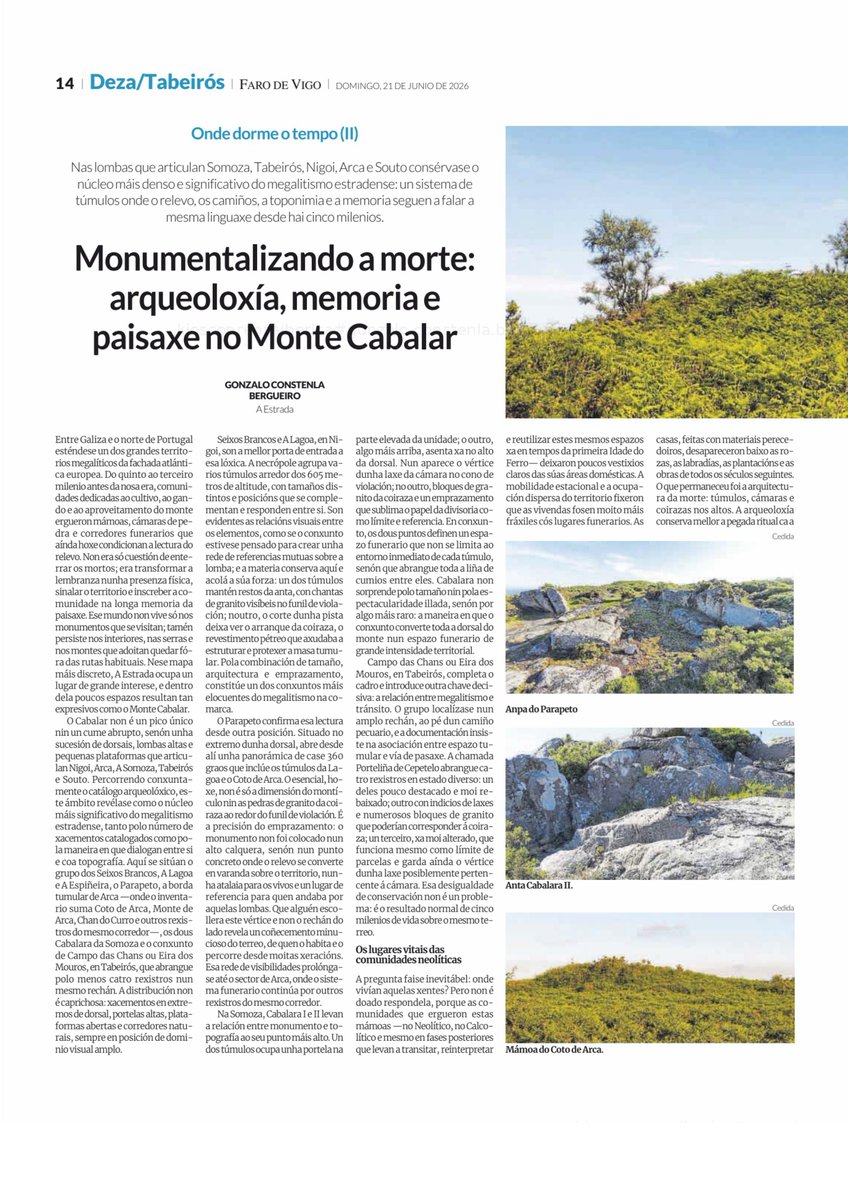 EstradaMedieval's tweet photo. 🧵 FÍO | Monte Cabalar, a lomba dos mortos 🗿⛰️
1/ @Farodevigo @FaroDezaEstrada publica un artigo @gonzaloconstenl sobre Monte Cabalar, un dos espazos máis potentes e menos coñecidos da Estrada, onde mámoas, paisaxe, memoria e toponimia falan.
#MonteCabalar #AEstrada #Megalitismo https://t.co/0sZleMM9hz