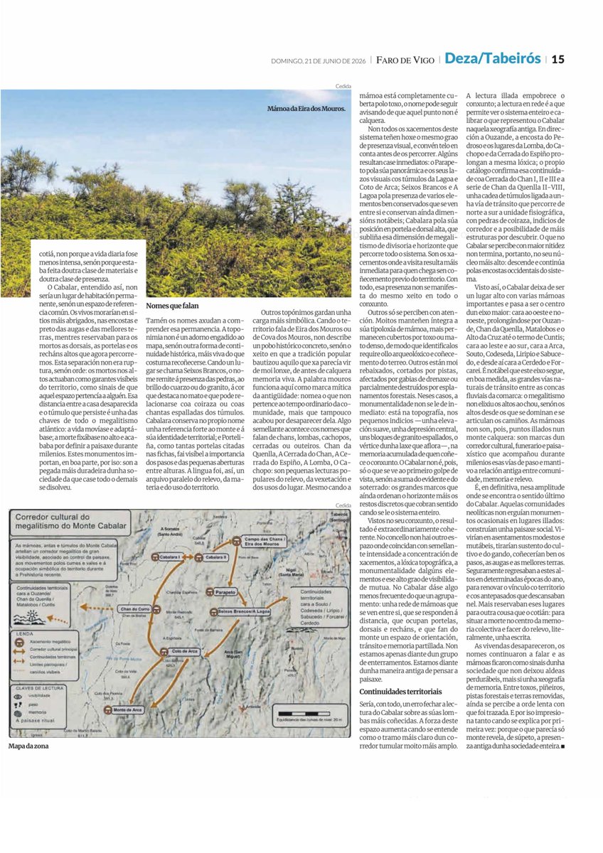 EstradaMedieval's tweet photo. 🧵 FÍO | Monte Cabalar, a lomba dos mortos 🗿⛰️
1/ @Farodevigo @FaroDezaEstrada publica un artigo @gonzaloconstenl sobre Monte Cabalar, un dos espazos máis potentes e menos coñecidos da Estrada, onde mámoas, paisaxe, memoria e toponimia falan.
#MonteCabalar #AEstrada #Megalitismo https://t.co/0sZleMM9hz