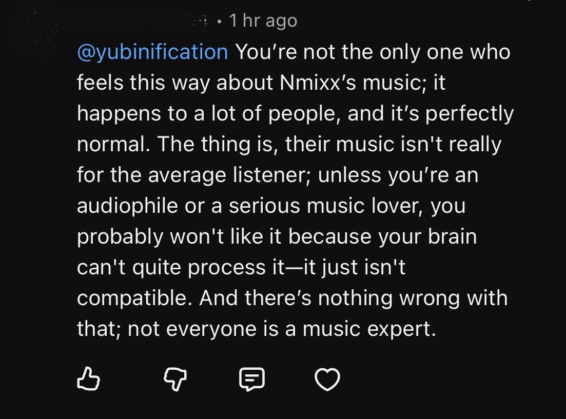 maeumlinus's tweet photo. they’re getting insanely pretentious about kpop girl group nmixx in my youtube comments https://t.co/d3Vz2inRiE