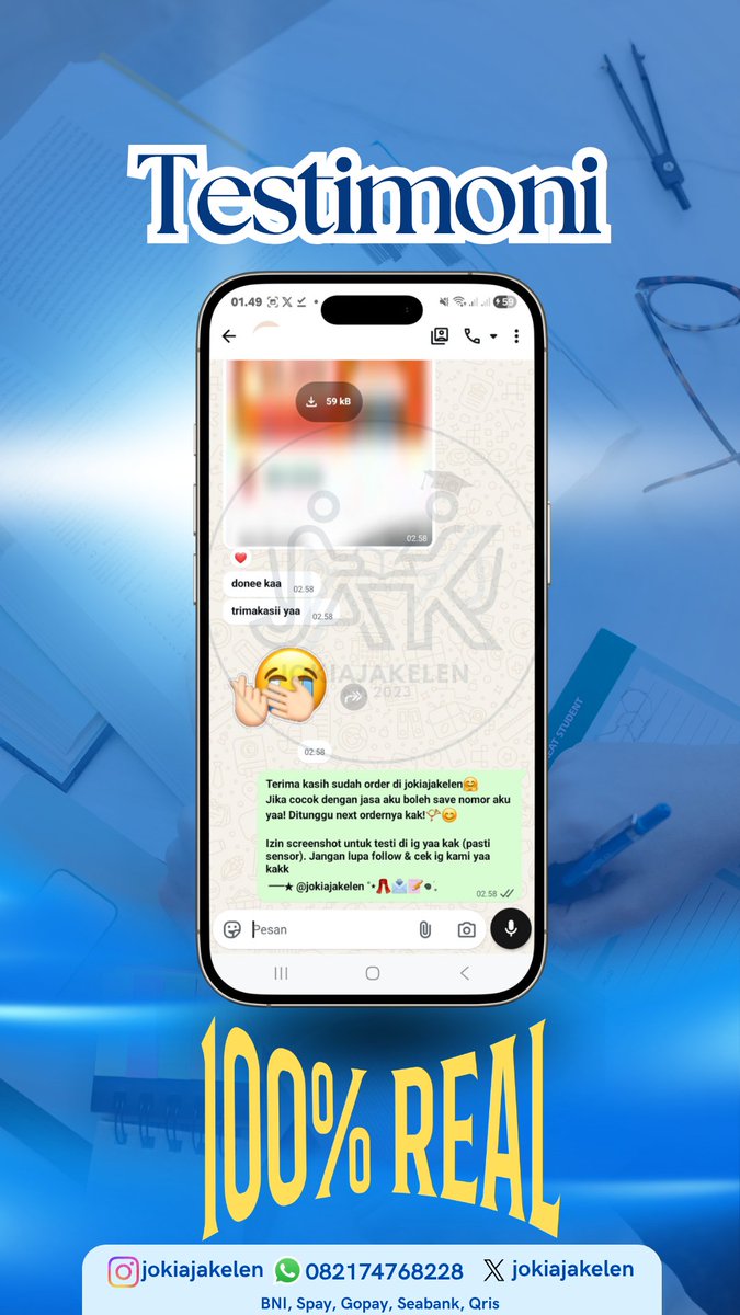 jokiajakelen3's tweet photo. Joki parafrase manual ready yaa
Mulai Rp4.000/halaman yaa kak, harga menyesuaikan jumlah halaman🥰

✅ Dikerjakan 100% manual
✅ Ga manipulasi atau trik nipu dan simbol
✅ Humanize ga merubah makna
✅ Free cek Turnitin di akhir pengerjaan 🤩

Testi &amp; Wa di bio yaa kak🫶🏻 #bealanja https://t.co/9u1PF71Gaf