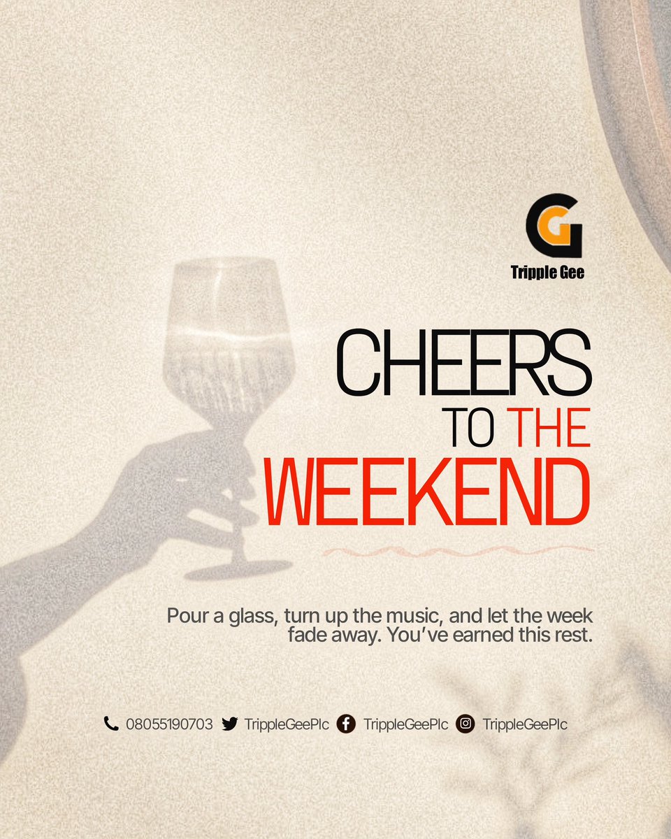 3Gplc's tweet photo. Week: Completed. βοΈ
Weekend: Activated. π₯
Have a restful one from all of us at TrippleGee. #CheersToTheWeekend #TGIF https://t.co/f1kpo4VyIR