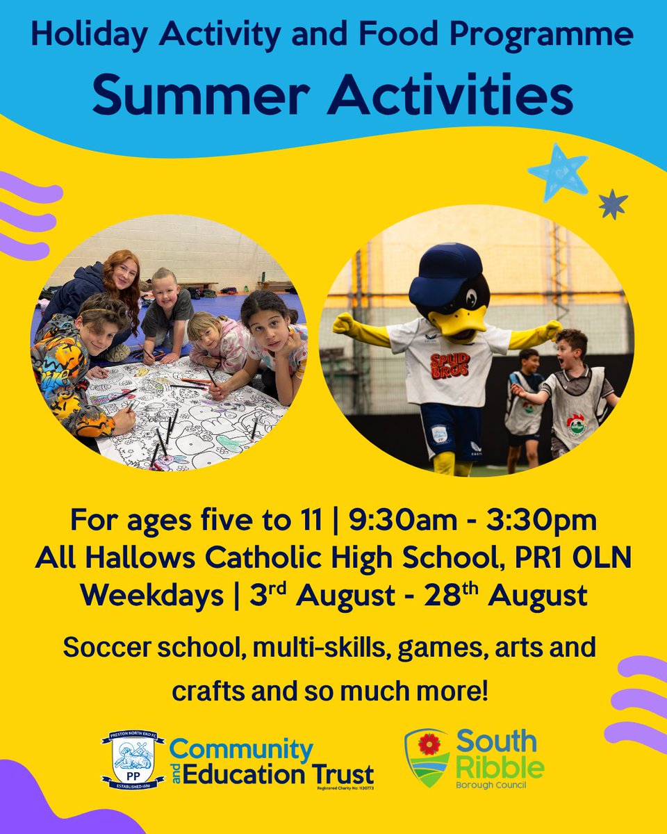 pnecommunity's tweet photo. HAF provision is available at All Hallows High School this August. ☀️

Eligible children aged 5 to 11 can enjoy football, multi-skills, games, arts and crafts with PNECET. Use your HAF voucher to book your child’s place. 🎟️

#PNECET | #pnefc https://t.co/VCtFL7Q9Xg