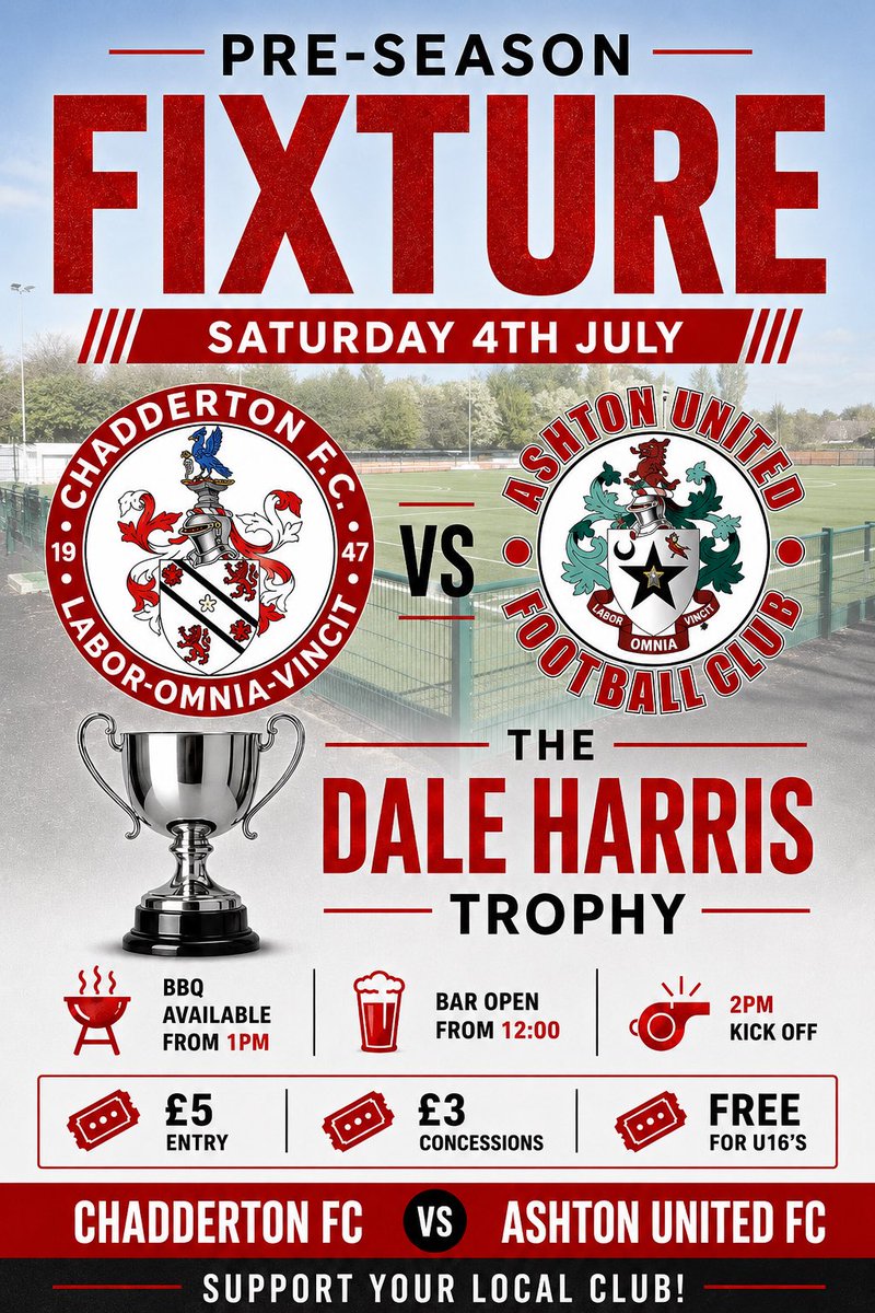 ChaddertonFC's tweet photo. 🏆MATCHDAY🏆
Get down to the Emplas Commercial
North Stadium today as we take on @AshtonUnitedFC in the #DaleHarrisTrophy
⏰ 2pm KO
🍔 BBQ from 1pm
🍺 Bar Open 12:00
#SupportNonLeague @GMNonLeague @NonLeaguePaper @NonLeagueCrowd @nwcfl @NorthernPremLge https://t.co/QBw81w551Y