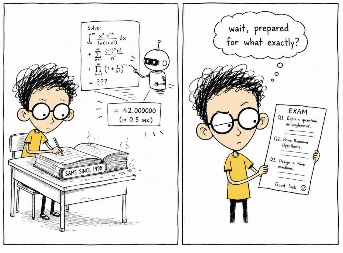 TweetToJP's tweet photo. 12 years of School taught me to memorise things I can now ask a machine in two seconds. 

The machine wasn’t around when the syllabus was written. Somewhere in that gap is a whole generation being trained for a test, not for the world actually waiting for them. https://t.co/s635NMGDX3