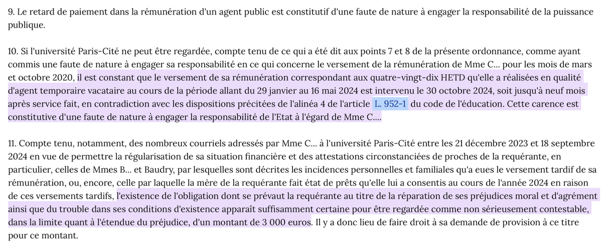 N_Hervieu's tweet photo. Université : En référé-provision, une université est condamnée à verser 3 000€ à une enseignante vacataire.

En raison du paiement tardif de ses enseignements (jusqu'à neuf mois après service fait).

Faute qui a été source d'un préjudice, car a placé l'enseignante en difficulté. https://t.co/fpsa8KOsdA