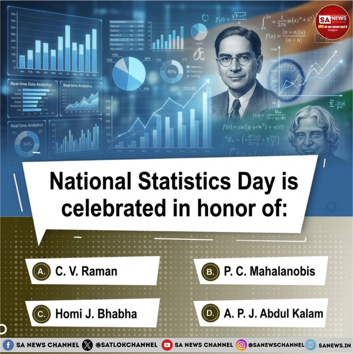 SatlokChannel's tweet photo. SA News #Poll | National Statistics Day is celebrated in honor of" 

A. C. V. Raman

B. P. C. Mahalanobis

C. Homi J. Bhabha

D. A. P. J. Abdul Kalam https://t.co/rWPbQCcqzu