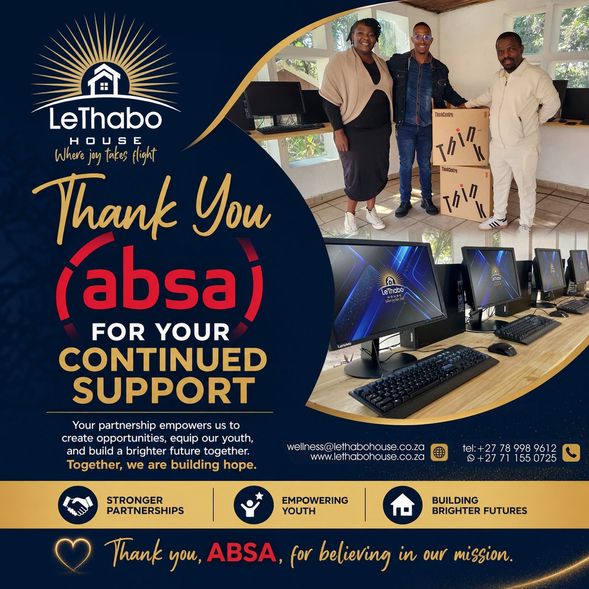 Thabo_Mphate's tweet photo. A heartfelt thank you to @AbsaSouthAfrica  Group for your generous donation of computers to the Le'Thabo House Rehabilitation Centre.

Your support has made it possible for us to establish a computer lab that will empower our clients with essential digital skills. https://t.co/s7ESF1lUZq