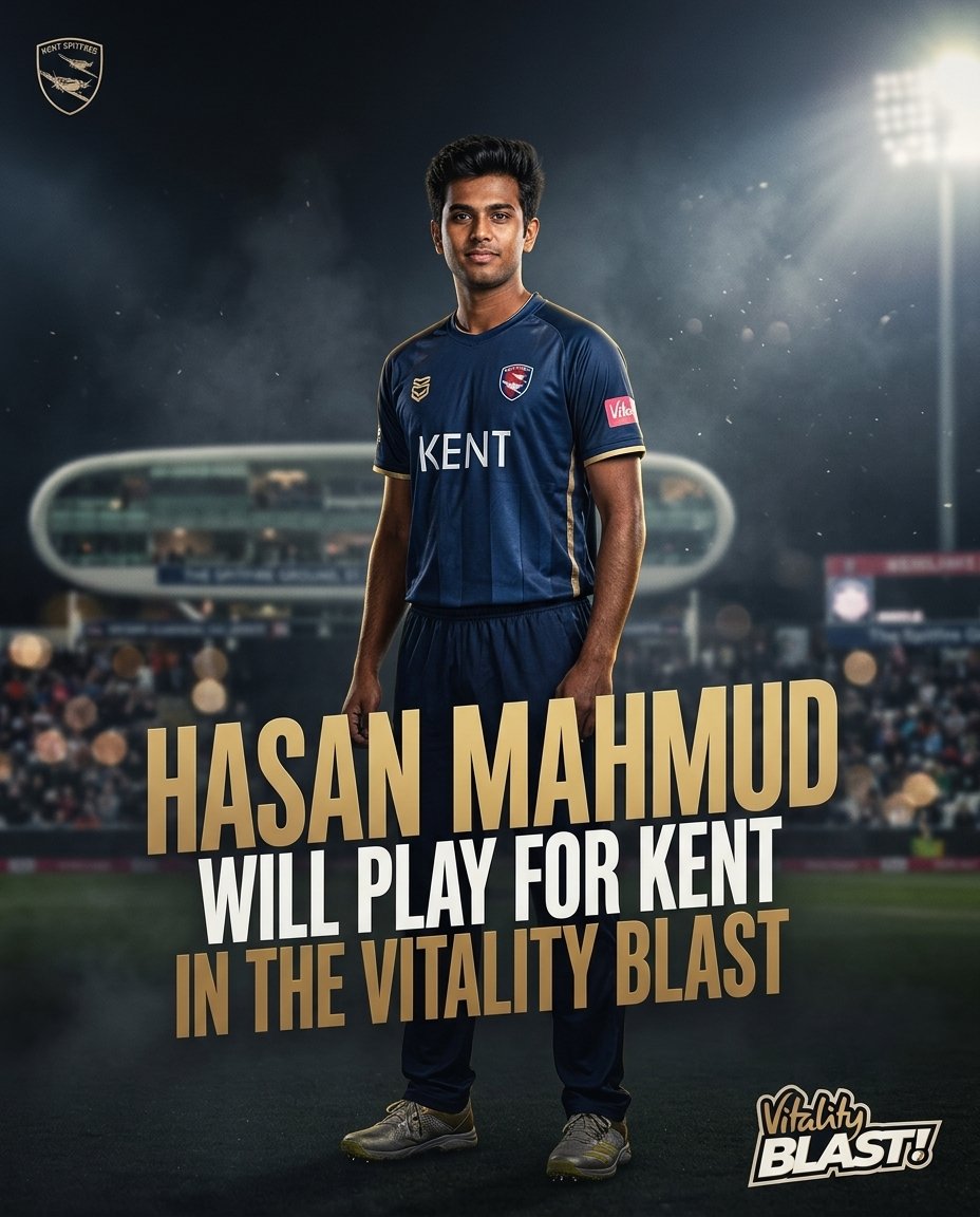 SyedsOfficial's tweet photo. Hasan Mahmud has been made available for Kent’s last 3 T20 Blast fixtures (Hampshire away, Surrey &amp; Middlesex at home). https://t.co/rqv9g00vU9