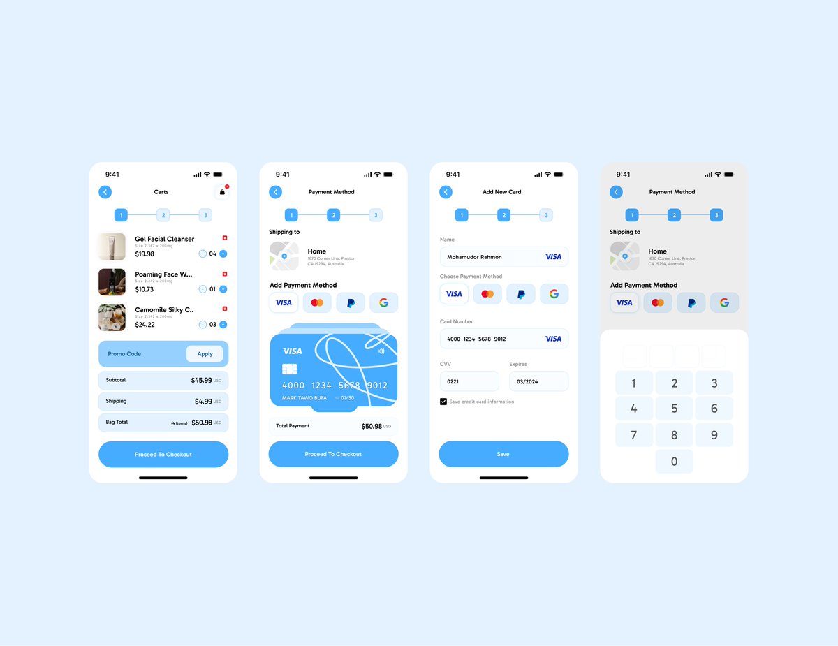 marktawo7's tweet photo. Daily UI #002 | Credit Card Checkout 💳
Designed a clean and intuitive mobile checkout flow, covering the complete payment experience from cart review to card details and secure checkout.🚀
#DailyUI #UIDesign #UXDesign #Figma #DesignChallenge #ProductDesign #PaymentUI #Checkout https://t.co/qPrQaHq8ZO