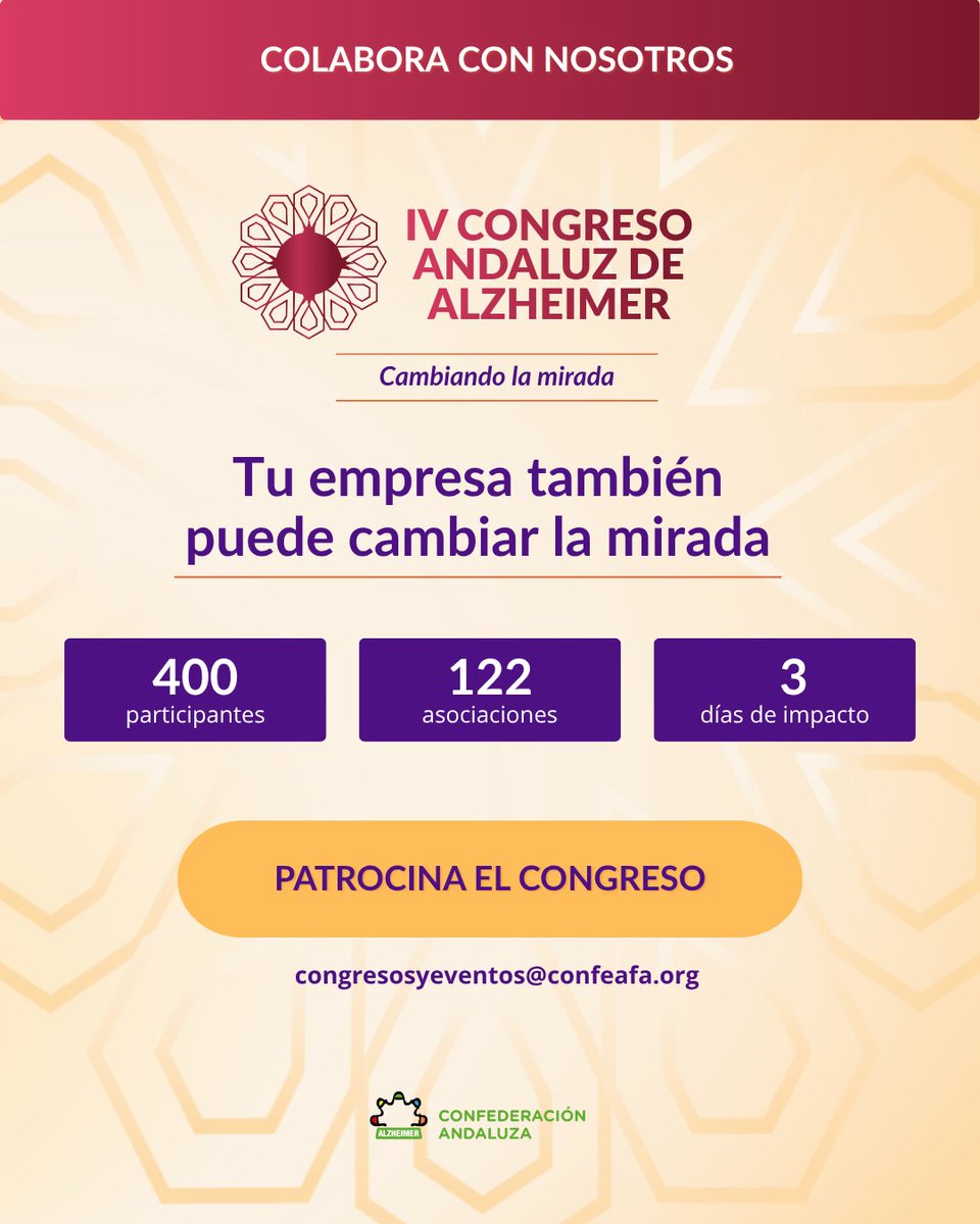 ConFEAFA's tweet photo. Tu empresa puede formar parte del IV Congreso Andaluz de Alzheimer.

Buscamos organizaciones comprometidas que quieran apoyar un encuentro de referencia y contribuir a generar un impacto social real.

#IVCongresoAndaluzAlzheimer #CambiandoLaMirada #AlianzasConFEAFA https://t.co/CmmOSrERTj