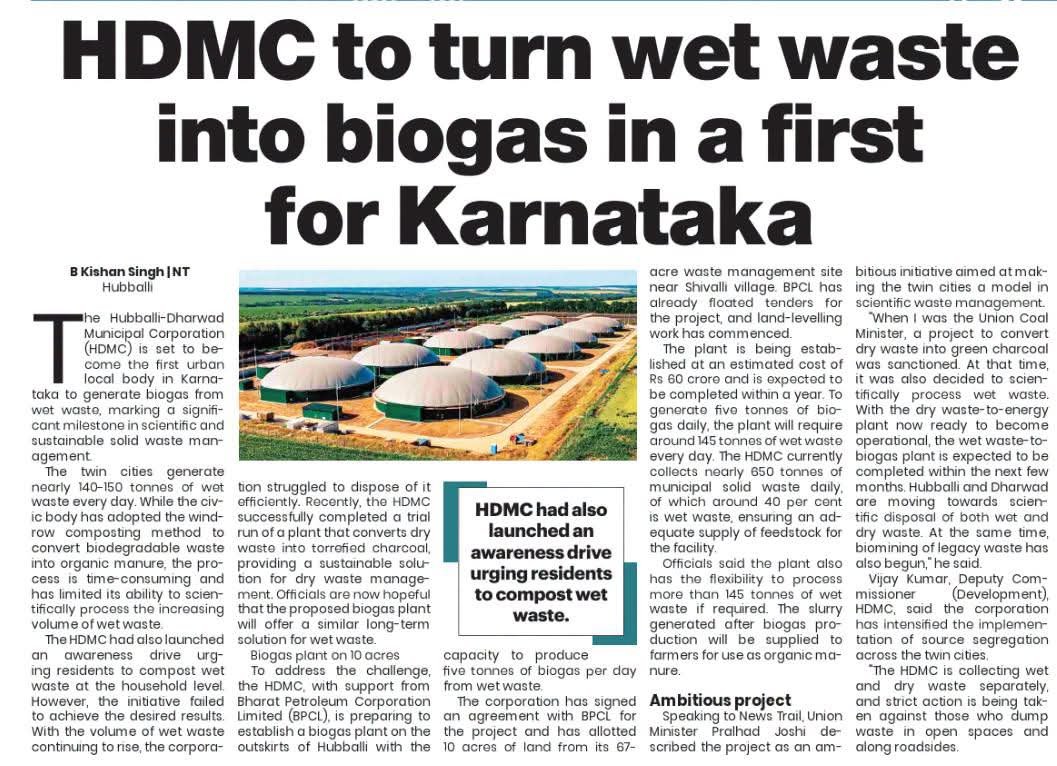 VijayaRKumar's tweet photo. A proud and monumental step forward for the Hubballi-Dharwad Municipal Corporation (HDMC)! We are thrilled to announce that we are set to become the first urban local body in Karnataka to transform wet waste into biogas. https://t.co/7JnL8Z5Ien