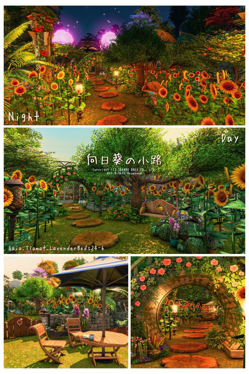 shisyun_viola's tweet photo. 今年もLハウスの庭に『ひまわりの小路』を作りました🌻 
昨年に比べ設置数が増えたので、スケールアップしましたので是非遊びに来てください。
午前中以外は昼夜オススメです✨
住所とキャラ入りイメージ画像はツリーにて。

#violaはうす #FF14ハウジング #FF14housing https://t.co/YzujjSVRu3