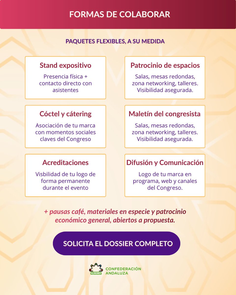 ConFEAFA's tweet photo. Tu empresa puede formar parte del IV Congreso Andaluz de Alzheimer.

Buscamos organizaciones comprometidas que quieran apoyar un encuentro de referencia y contribuir a generar un impacto social real.

#IVCongresoAndaluzAlzheimer #CambiandoLaMirada #AlianzasConFEAFA https://t.co/CmmOSrERTj