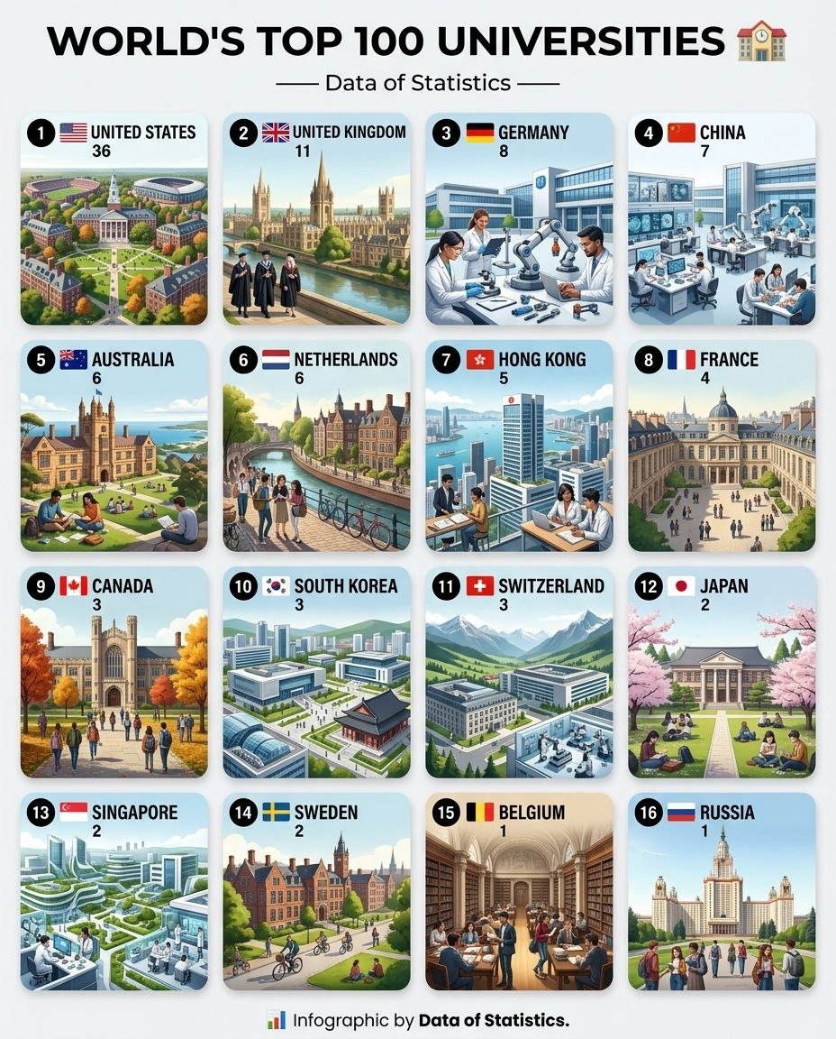 DataOfStats's tweet photo. World's Top 100 Universities 🏫

1. 🇺🇸 United States: 36
2. 🇬🇧 United Kingdom: 11
3. 🇩🇪 Germany: 8
4. 🇨🇳 China: 7
5. 🇦🇺 Australia: 6
6. 🇳🇱 Netherlands: 6
7. 🇭🇰 Hong Kong: 5
8. 🇫🇷 France: 4
9. 🇨🇦 Canada: 3
10. 🇰🇷 South Korea: 3
11. 🇨🇭 Switzerland: 3
12. 🇯🇵 Japan: 2
13. 🇸🇬 Singapore: 2
14. 🇸🇪 Sweden: 2
15. 🇧🇪 Belgium: 1
16. 🇷🇺 Russia: 1

📊 Infographic by Data of Statistics.