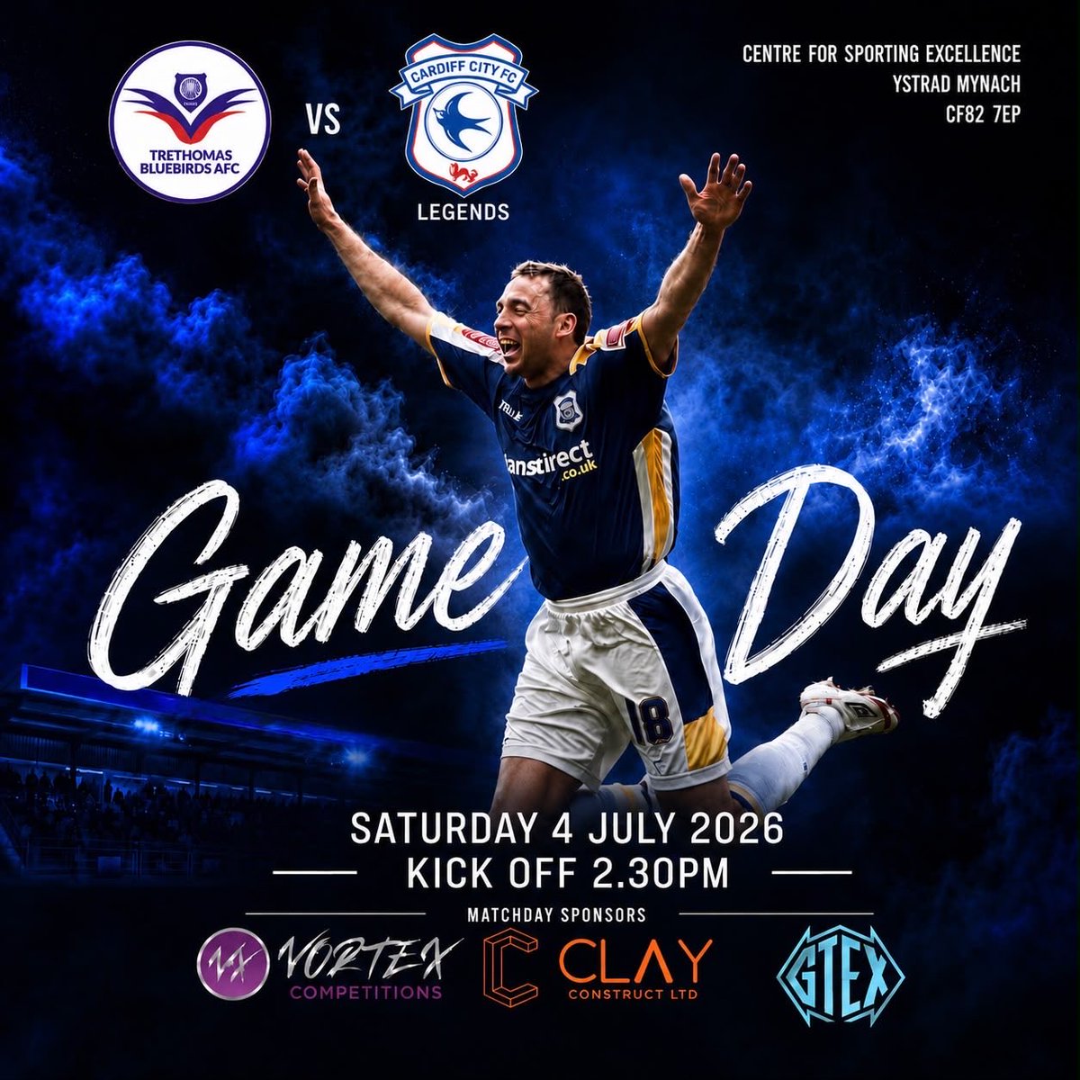 TreBluebirdsFC's tweet photo. 🔵 GAME DAY. BATTLE OF THE BLUEBIRDS. ⚔️🔵

Today, Trethomas Bluebirds AFC take on Cardiff City Legends in a special exhibition match at the Centre for Sporting Excellence. 🏟️

Our newest signing Michael Chopra lines up for Cardiff City Legends this afternoon, facing the club he’s just joined in what promises to be a special occasion. 💙🐦

📅 Saturday 4 July 2026
🕝 2:30PM Kick-Off
📍 Centre for Sporting Excellence, Ystrad Mynach, CF82 7EP

🎟️ Pay on the gate
💷 Adults £10 | U16s £5
💳 Card & cash payments accepted

Two Bluebirds. One special afternoon. 💙