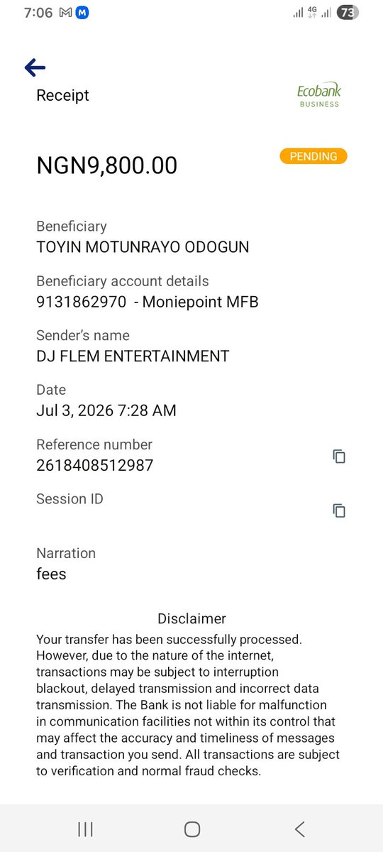 DeejayFlem's tweet photo. Why is this transaction still pending, am debited and receiver didn't receive it kindly help reverse asap
@ecobank_nigeria https://t.co/L8P2FcNLed