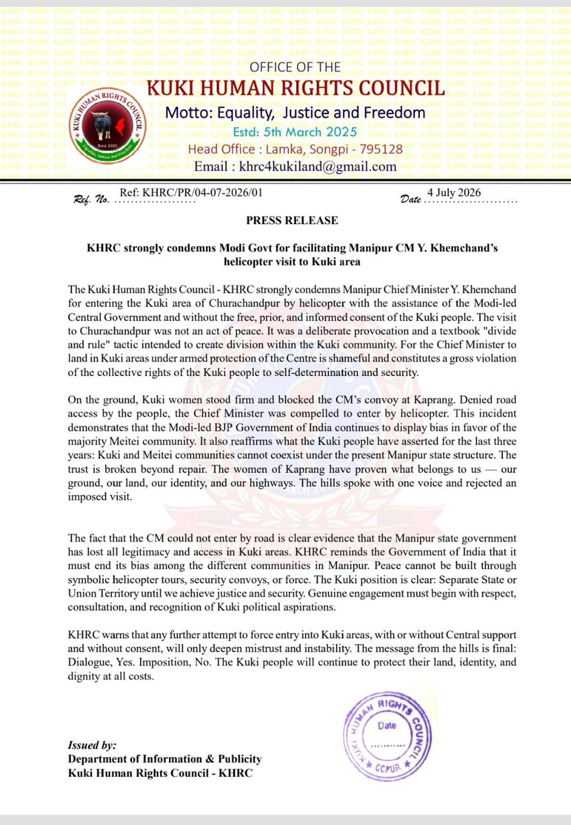 KukilandM77127's tweet photo. KHRC condemned Manipur CM Y. Khemchand’s helicopter entry into a Kuki area on 4 July 2026 without Kuki consent. After Kaprang women blocked his convoy, he landed under Central forces. KHRC called it "imposed entry" and reiterated the demand for a Separate State or UT. https://t.co/z40hyymunp