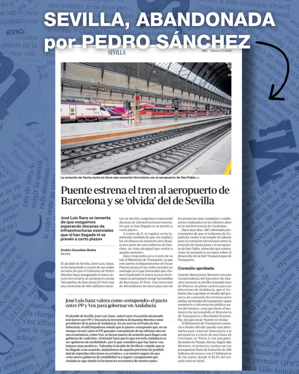PPAytoSevilla's tweet photo. ✅ 400 millones de euros para conectar Barcelona-El Prat con tren.

‼️ CERO para Sevilla y su conexión entre Santa Justa y el aeropuerto. 

Otro capítulo en el libro de ‘Pedro Sánchez, el presidente más antisevillano de la historia’.

Los sevillanos no merecen este olvido. https://t.co/yKinEm4XwQ