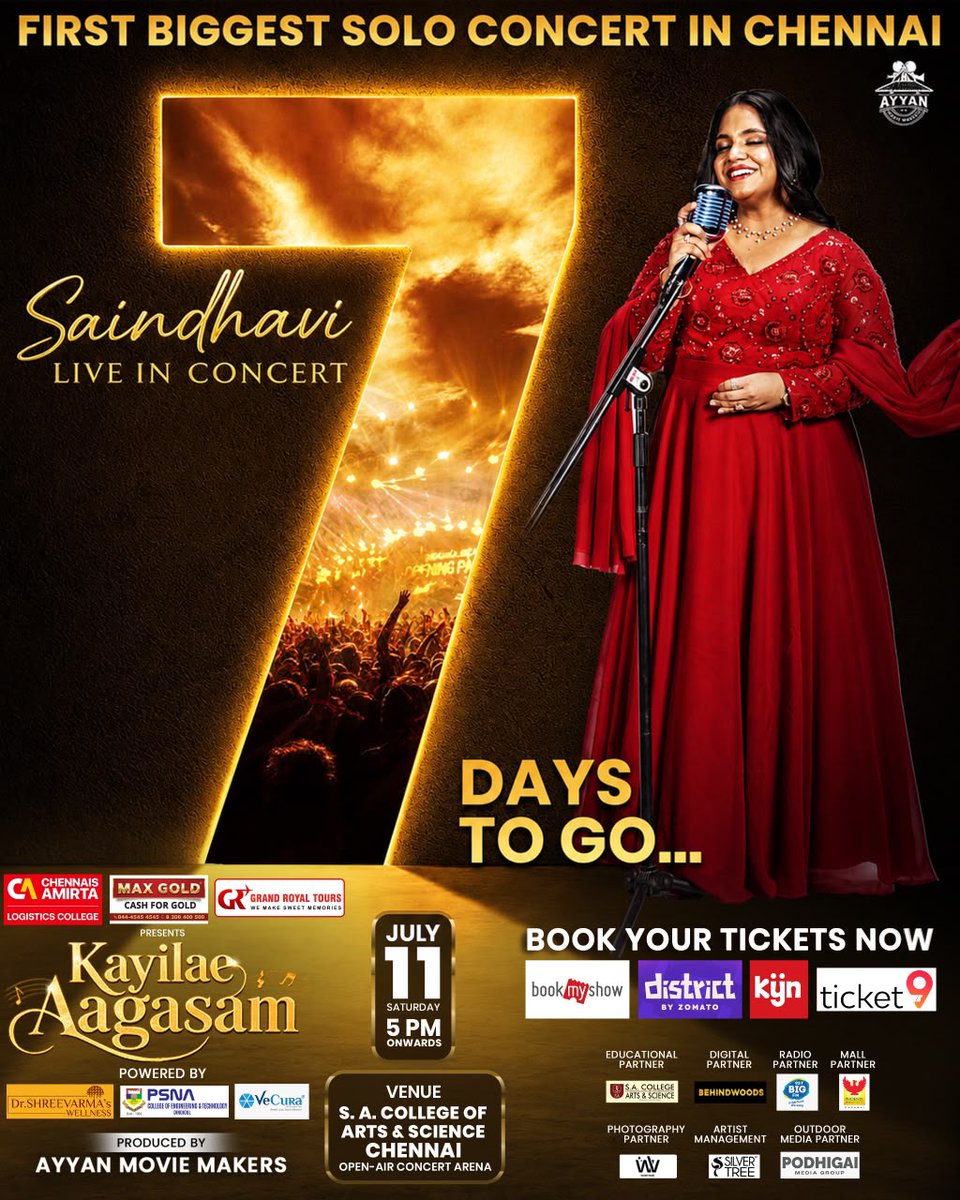 behindwoods's tweet photo. 🚨 JULY 11, 2026 | CHENNAI 🚨

The long wait is over! ❤️‍🔥

🎤 KAYILAE AAGASAM – SAINDHAVI LIVE IN CONCERT

Experience the magic of one of South India’s most beloved voices in her BIGGEST SOLO CONCERT EVER IN CHENNAI!

📅 Saturday, July 11, 2026
🕔 5 PM Onwards
📍 Open Air Concert Arena, S.A. College of Arts & Science, Chennai

✨ Thousands of fans. Countless memories. One magical voice.

🎟️ Grab your tickets now in Book by Show, District, KYN & MDnD.  

@saindhaviofficial @ayyan_moviemakers @biglivechennai @silvertreeoffl

#KayilaeAagasam #SaindhaviLiveInConcert #AyyanMovieMakers