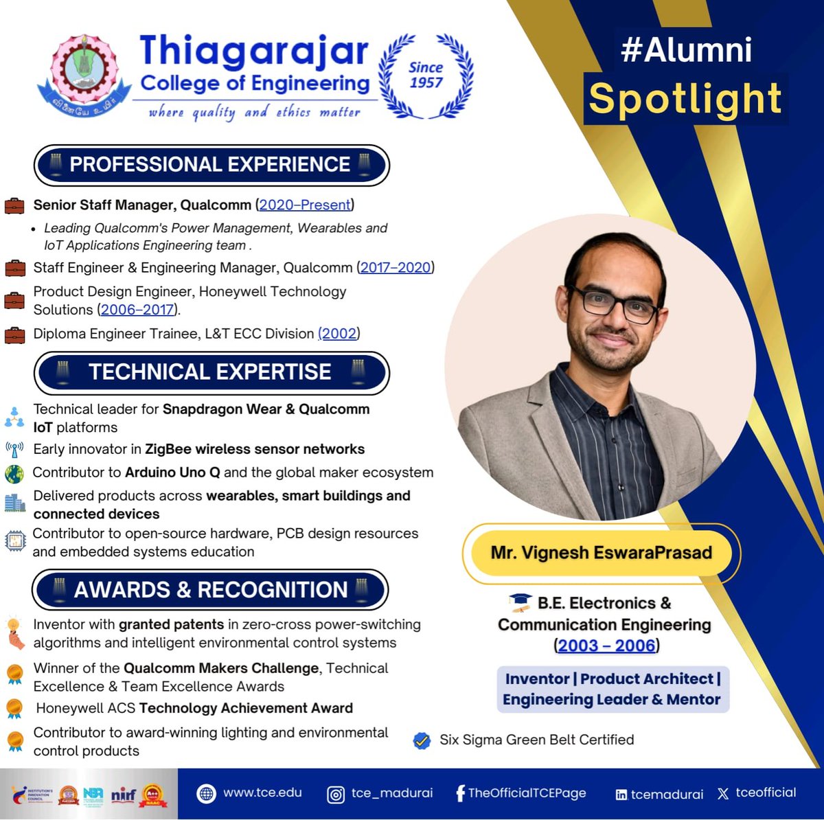 tceofficialpage's tweet photo. ๐ #AlumniSpotlight | TCE proudly celebrates Mr. Vignesh EswaraPrasad (B.E. ECE, 2003โ2006), Senior Staff Manager at Qualcomm, Inventor & Engineering Leader. His innovations, patents & leadership continue to inspire! ๐๐ #TCE #TCEAlumni #Innovation #Qualcomm https://t.co/9UnnVXhul3