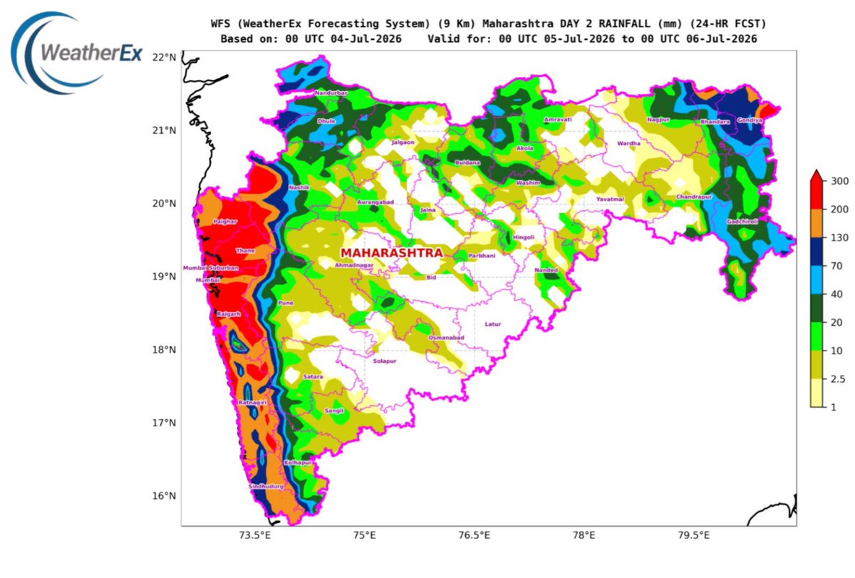 Akshay_Sunil_'s tweet photo. WFS Rainfall Forecast Update | 4–6 July 2026

The latest WFS – WeatherEx Forecasting System run indicates a very active monsoon phase over the west coast, with Mumbai, MMR, North Konkan, and the Western Ghats likely to remain under heavy to very heavy rainfall activity during 4–6 July.

For Mumbai and adjoining MMR, rainfall has already picked up on 3 July and 4 July, and the spell is expected to intensify further. T