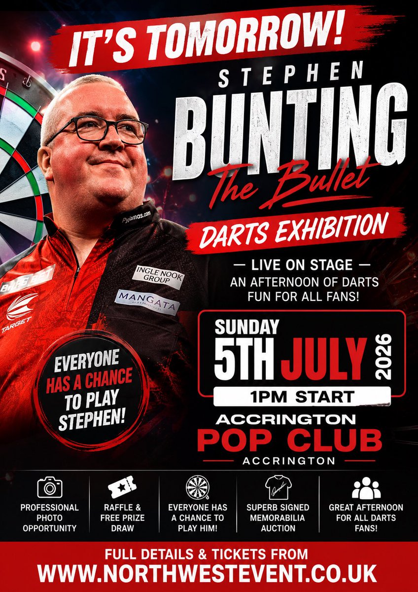 PaulBoothMC's tweet photo. 🎯 IT’S TOMORROW! 🎯
The wait is almost over! Join us for an unforgettable afternoon with Stephen “The Bullet” Bunting at Accrington Pop Club this Sunday 5th July 2026.
🕐 1:00pm  🎯 Everyone has the chance to play Stephen on stage
@sbunting180  
https://t.co/n94yvVG4w0 https://t.co/f6xoLf9nZu