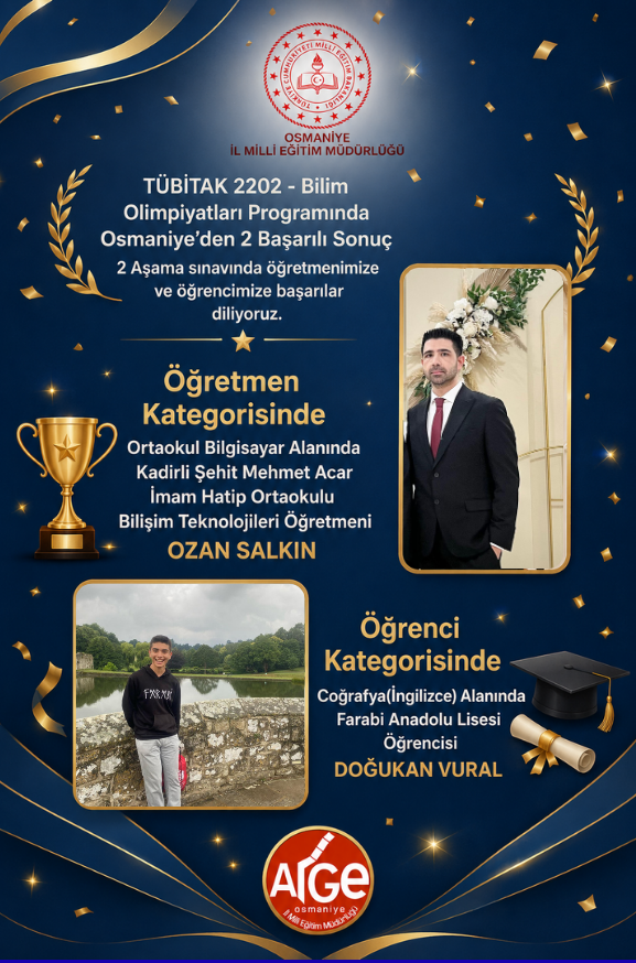 ArgeOsmaniye's tweet photo. 🏆TÜBİTAK 2202 - Bilim Olimpiyatları Programında Osmaniye’den 2 Başarılı Sonuç 

👉Öğretmen Kategorisinde Ozan SALKIN
🏫 Kadirli Şehit Mehmet Acar İHO
〽️Ortaokul Bilgisayar 

👉Öğrenci Kategorisinde Doğukan VURAL
🏫Farabi AL
〽️Coğrafya(iNGİLİZCE)

@ALBAKAydn @valiserdengecti https://t.co/FWQBnwqTpH