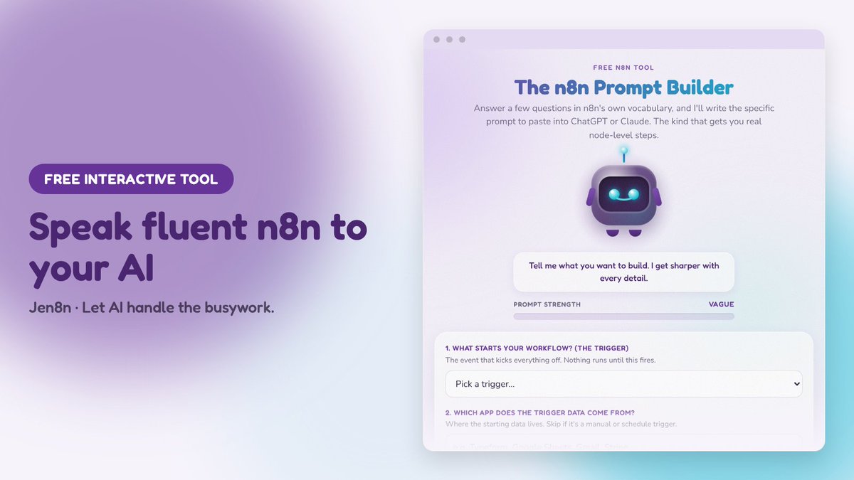 Jen8nflows's tweet photo. If AI keeps giving you vague answers when you build in n8n, it is usually the prompt.

I made a free tool that asks you a few questions in n8n's own words, then writes the exact node-level prompt to paste into AI.

https://t.co/dai30ailjs #n8n #automation https://t.co/z72Sp9LU7g