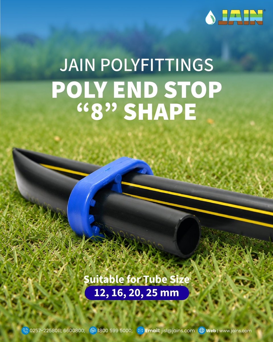 JainIrrigation's tweet photo. Built for durability and precision, the Jain Drip Poly End Stop provides a secure seal at the end of your drip, helping prevent leaks and maintain efficient water distribution.

Designed for reliable performance and easy installation, it's a small component that makes a big difference in your irrigation system.