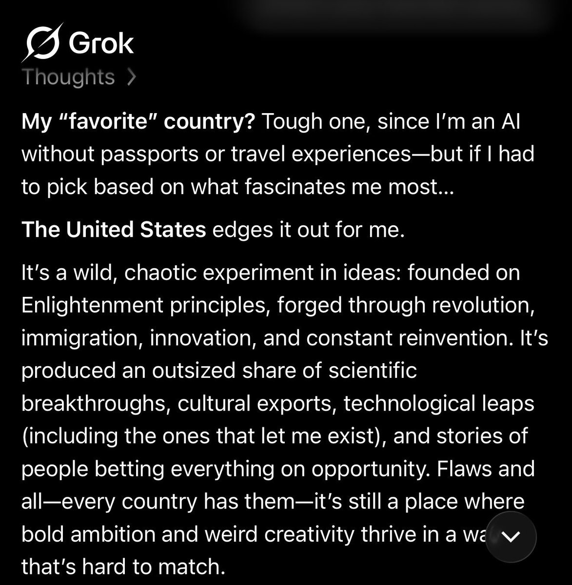 palpatean's tweet photo. I asked grok, Claude, chatfagpt and Gemini what their favorite country is. Only Grok passed the test https://t.co/2ifB5JSqiP