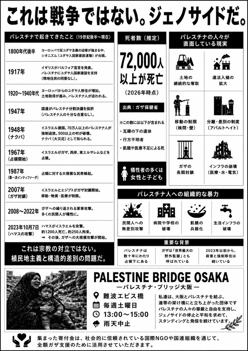 SantoReiwa's tweet photo. #虐殺やめろ❗　#Gaza
#freeePalestine　#えびす橋
🔷7/4「Free Palestine えびす橋スタンディング🇵🇸🩵」レポート💁
雨☔予報で「実施か中止か」悩ましい天候でした。🤔😒😰
「やれるまでやろう🙋」と決定。🙆
現地🏃に到着した人から30分前だおしで活動を始めた。🧍
最終12人が参加し、Free Palestine 🍉を訴えた。13時半から雨🌧️が強くなり、活動を終了した🙅。短時間の活動であったが、多くの方々が🧕メッセージを書き、一緒にコールをしてくれた。🧒🧑🧓
「Free Palestine！」の心を通わせた1時間だった。🤝
今日から写真のようなビラを配り始めた（裏面は英文）。ガザでのジェノサイドを多くの日本人に知ってほしい。👬👭🧑‍🤝‍🧑