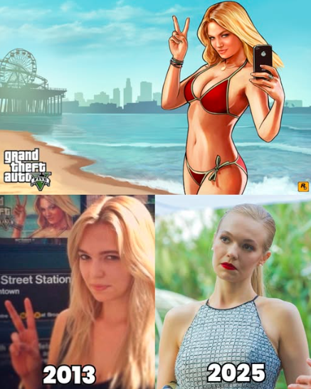_GTAVI_'s tweet photo. Fun Fact:

Iconic GTA 5 Cover Girl Shelby Welinder was 20 years old on GTA 5 release, now she's 33. https://t.co/imLx4ypjA6