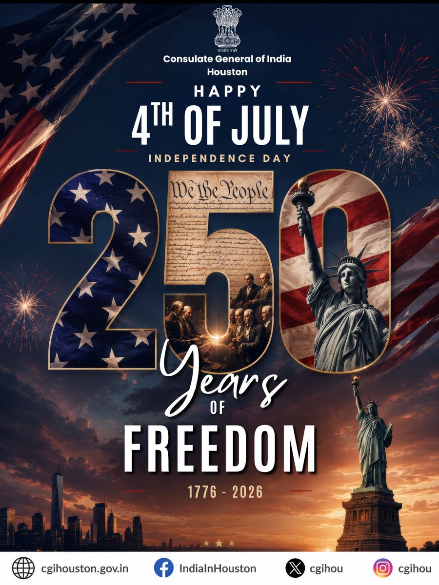 cgihou's tweet photo. Happy 250th Anniversary of Independence Day, United States! 🇺🇸
Consulate General of India, Houston extends warm greetings to all on the 250th anniversary of American Independence.
#USA250 #July4 #IndiaUS #CGIHouston #IndiaUSPartnership https://t.co/zZ3dUR1ioR