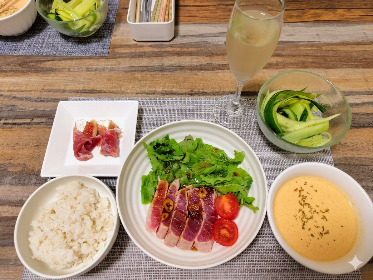 funamon_jinji's tweet photo. 休日ごはん🧑‍🍳
（夫の誕生日祝い🥂）

・ズッキーニときゅうりのリボンサラダ🥗
・カマンベールチーズと無花果の生ハム巻き🧀
→キレイに巻くのって難しい..🤔
・にんじんのポタージュ🥕
・マグロのレアステーキ🐟️
→前に火を入れすぎて失敗したのでリベンジ✨ https://t.co/vXL7nKdZbP