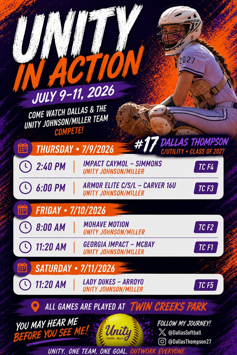 DallasSoftball's tweet photo. Ready to compete. Ready to be loud. Ready to leave it all on the field with my girls @UnityJohnsonMil! 💜🧡
My Atlanta Legacy schedule is below! Hope to see you at Twin Creeks Park. 🥎 @legacyshowcase1 @UnityCoachJosh

Let's go!!!! 🔥🔥🔥

#2027Grad #SoftballRecruiting #Catcher https://t.co/eVS2x0A6WY