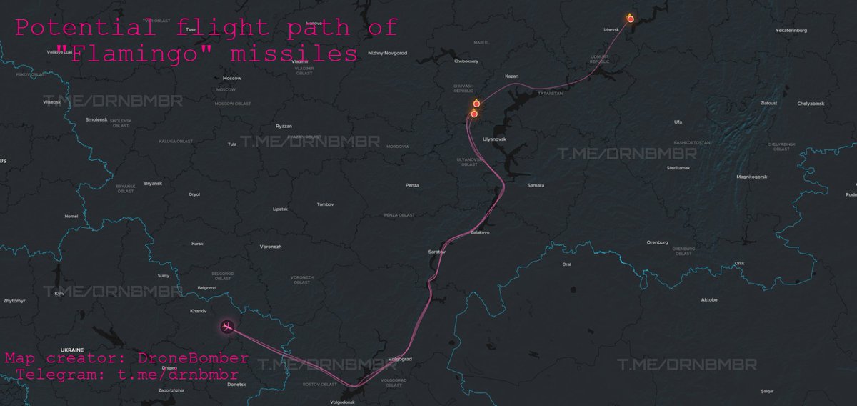DrnBmbr's tweet photo. 🦩 Analysis of Today's Flamingo Missile Strike

After analyzing flight footage, Russian monitoring channels, and local chat groups, this is the current picture:

The missiles' route is shown on the map. The main corridor once again followed the Volga River, heading toward Udmurtia.

Russian sources claim that 8 missiles were intercepted. So far, we have been able to visually confirm only 3 interceptions—those captured on video or reported by eyewitnesses in local groups. There may have been more, but this has not yet been confirmed.

Two missiles were reportedly intercepted by Russian aircraft over Chuvashia. Another was shot down just 3 km from the target, near the city of Votkinsk.

The target of the strike was the Votkinsk Plant in Udmurtia, Russia. The facility is located approximately 1,400 km from Ukrainian-controlled territory. It is one of Russia's key defense-industrial enterprises, producing ballistic missiles including the Iskander, Yars, Bulava, and Oreshnik.

Notably, this plant had already been targeted by Flamingo missiles on the night of February 20, 2026. That strike reportedly caused fires and damage to several production workshops, including Workshops No. 22 and No. 36.

At this stage, it is likely that all of tonight's missiles were intercepted. There is nothing extraordinary about that—not every strike will be 100% successful. The important thing is to keep going. What matters is that more missiles are being produced, production continues, and that is encouraging.

Flamingos keep flying. The migration season is only just beginning.