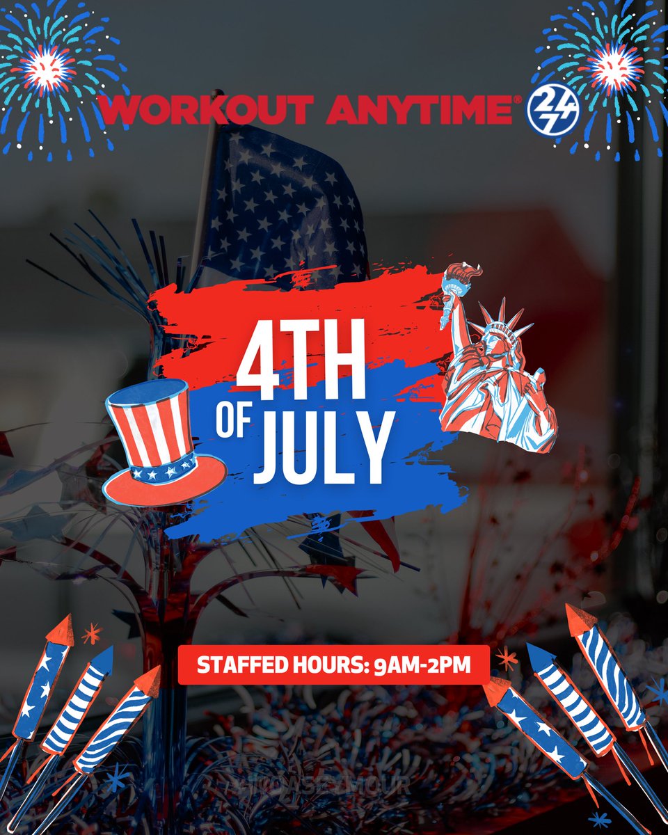 WOATSeymour's tweet photo. 🇺🇸 Happy Fourth of July! ❤️🤍💙
Our staffed hours today are 9AM – 2PM.
We hope everyone has a fun, safe holiday celebrating with family and friends. Have a wonderful Fourth of July! 🎆
#woaseymour #workoutanytime #workoutanytimeseymour #strong #247strong https://t.co/wqXujnkjic