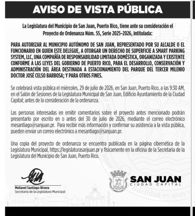 Bonita_Radio's tweet photo. La Legislatura Municipal de San Juan celebrará vistas públicas el 29 de julio  a las 9:30AM con relación al Proyecto de Ordenanza 55 que pretende enajenar por 90 años un predio terreno para un estacionamiento multipiso en El Escambrón. 

El aviso público reitera que el proyecto se otorgaría como cesión de superficie a Smart Parking System, una corporación que mantiene como presidente a Marino Deleón Tavares, un empleado de Miguel Cabral Veras, quien según confirmó a Bonita Radio el propio alccalde @Miguel_Romero_ es el promotor del proyecto. 

La denuncia de la minoría del @ppdpr y @VictoriaPorPR desató una cadena de protestas la semana pasada que empujaron a la presidenta de la Legislatura, Gloria Cordero, a citar las vistas públicas a pesar de la posición de la mayoría que pretendía aprobar la cesión el pasado miércoles sin información ni de los extremos del proyecto ni del proceso de adjudicación contractual. 

Cabral Veras es un donante de las campañas de Romero y del presidente del Senado, Thomas Rivera Schatz. 

En agosto del 2025 se reunió @trschatz51 como director de una Misión Bilateral del Ministerio de Relaciones Exteriores de República Dominicana para incentivar negocios con PR. 
#denuncia #comunidades #sanjuan #donantes