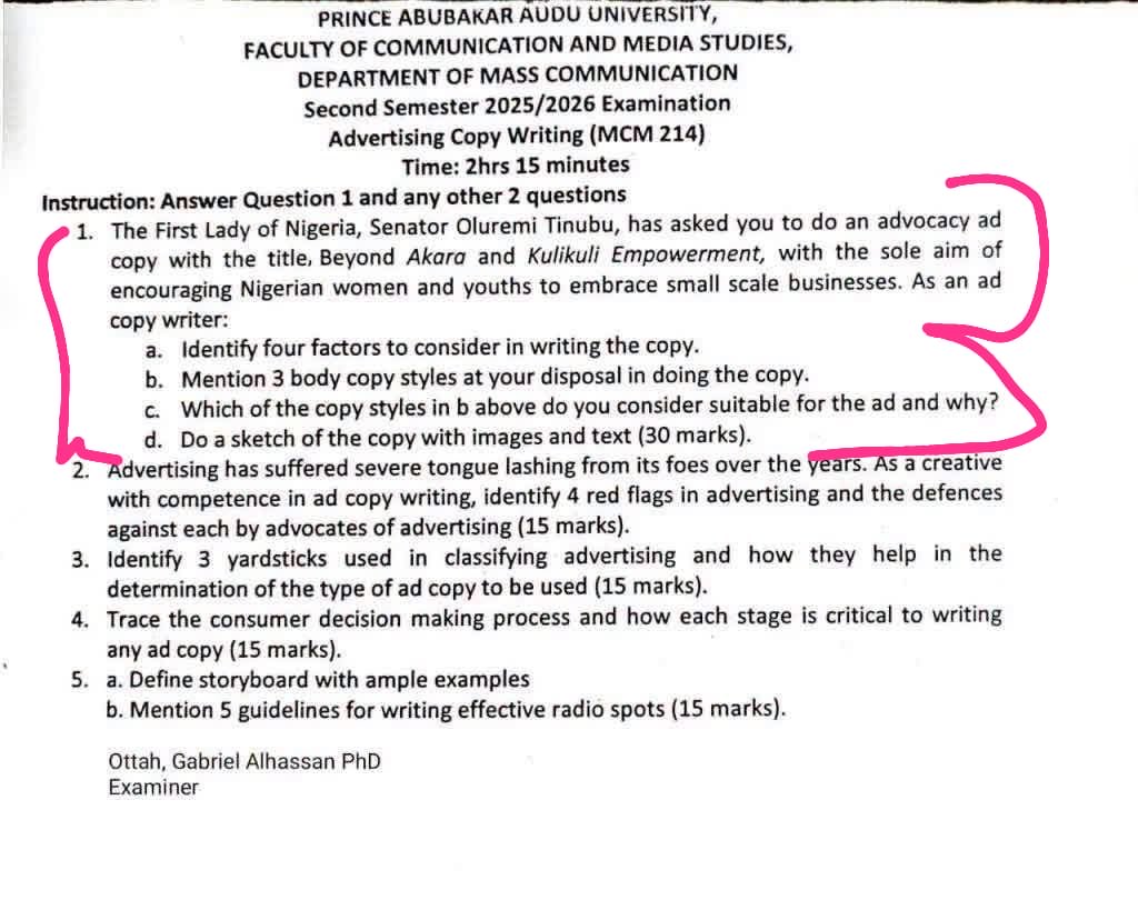 DeeOneAyekooto's tweet photo. Prince Abubakar Audu University's Second Semester Examination….

Answer Question 1 and two other questions https://t.co/UExlzDVTeD