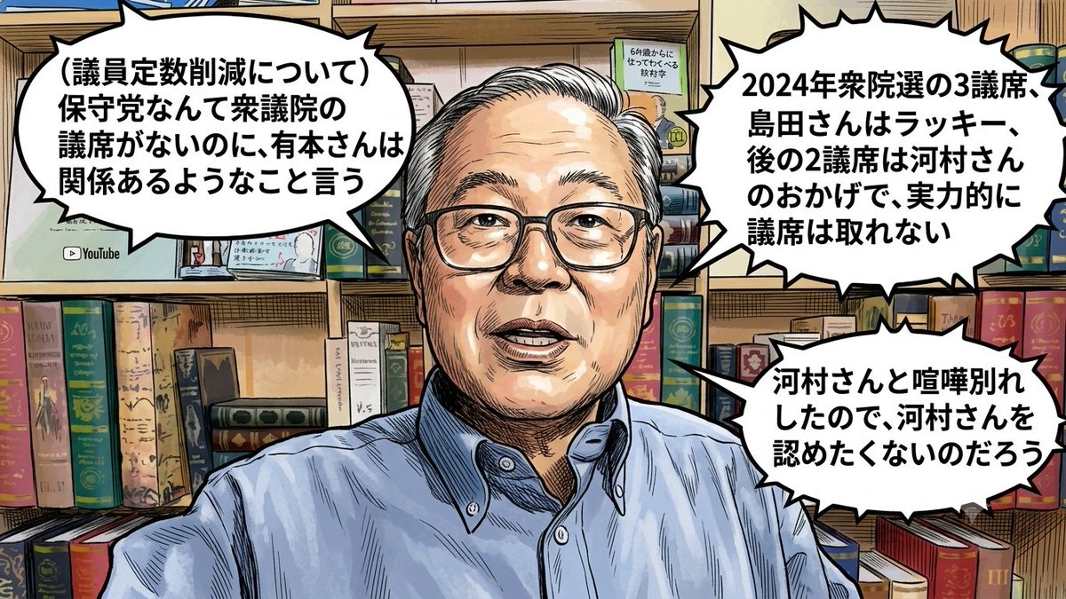 maku94483's tweet photo. 高橋洋一氏「(議員定数削減について)保守党なんて衆議院の議席がないのに、有本さんは関係あるようなこと言う」「2024年衆院選の3議席は、島田さんはラッキー、後の2議席は河村さんのおかげで、実力的に議席は取れない」「河村さんと喧嘩別れしたので、河村さんを認めたくないのだろう」

---文字起こし---
2026/7/4
高「金曜日の『あさ8』っていうのに出てて、私と有本香さんがちょっとこれ(議員定数削減)議論になったんだよね。はっきり言えばさ、保守党なんてさ、どうせ衆議院の議席ないのに関係ねえじゃんって言ってるんだけどさ」
ス「そうですね、衆議院ないですから」
高「ないのにさ、関係あるみたいなこと言うからさ。それで北村さんに聞くとさ、元々衆議院で比例で島田洋一さんが取ったじゃない」
ス「ああ、そうでしたね。はい」
高「あれで勢いがついたっていう言い方。あれもラッキーなんだよな。元々衆議院はさ、3人いたけどさ、2人はさ、河村さんがね、個人パワーで取っちゃったからさ、実力的には取れないんだよ」
ス「そうかそうか、そうでした。河村さんか」
高「河村さんの。だからね、そこをね、認めたくないんだろうな、おそらくな」
ス「もう喧嘩別れしちゃいましたからね」
高「うん」

7/4LIVE！消費税減税･議員定数削減･皇室典範/西村＆北村議員と脱税理士スガワラくん(24:23~)
https://t.co/rqEYAnWsZd