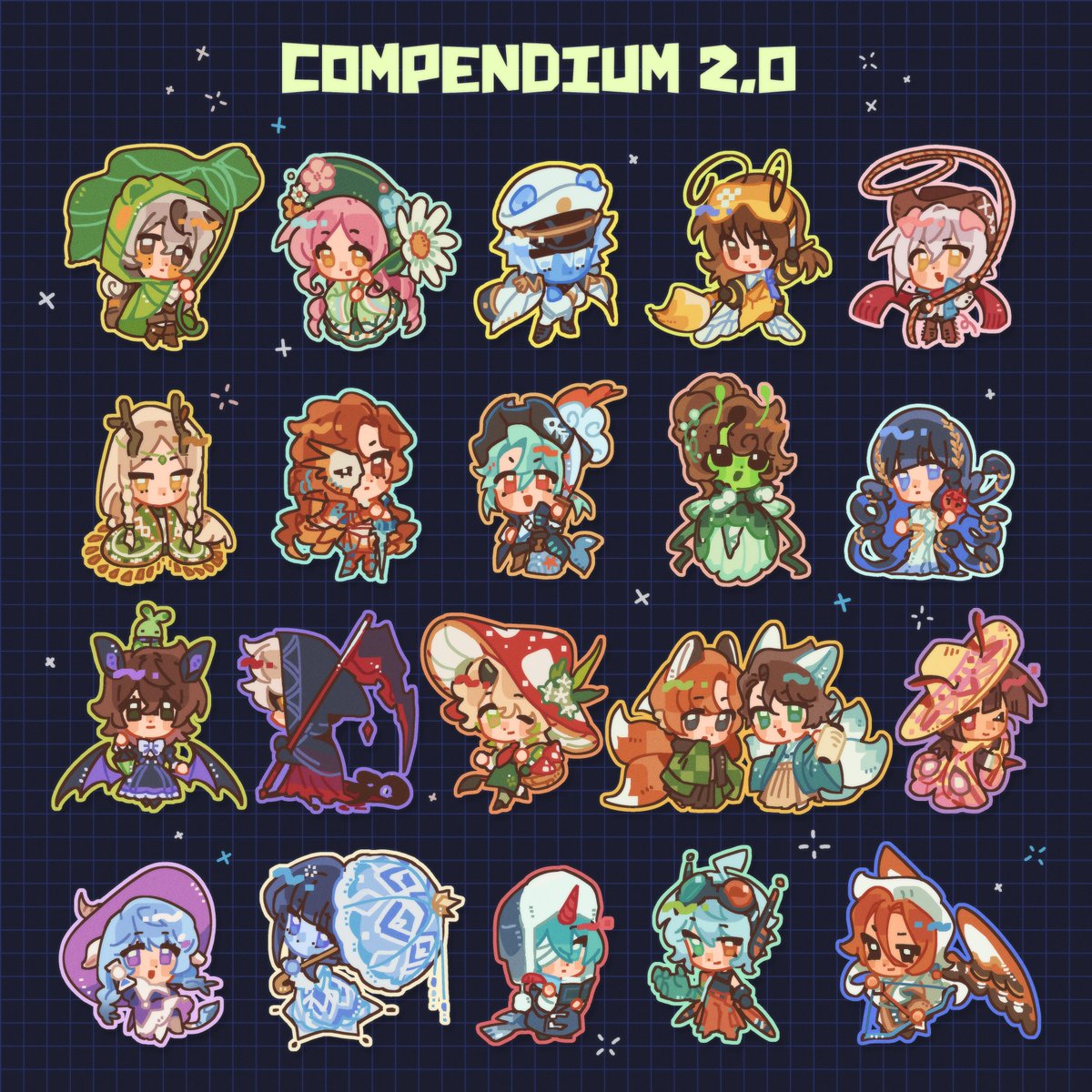 whimsysoup's tweet photo. I had the honour to made an illustration for #Compendium 2.0! where I drew me and my friends as the 20 mob origins of the event! 🌱☀️🍂❄️

I had a lot of fun drawing this, and I'm really looking forward to the event itself as well! See u folks there! ☺️🧚 https://t.co/nBuLua0Qj6