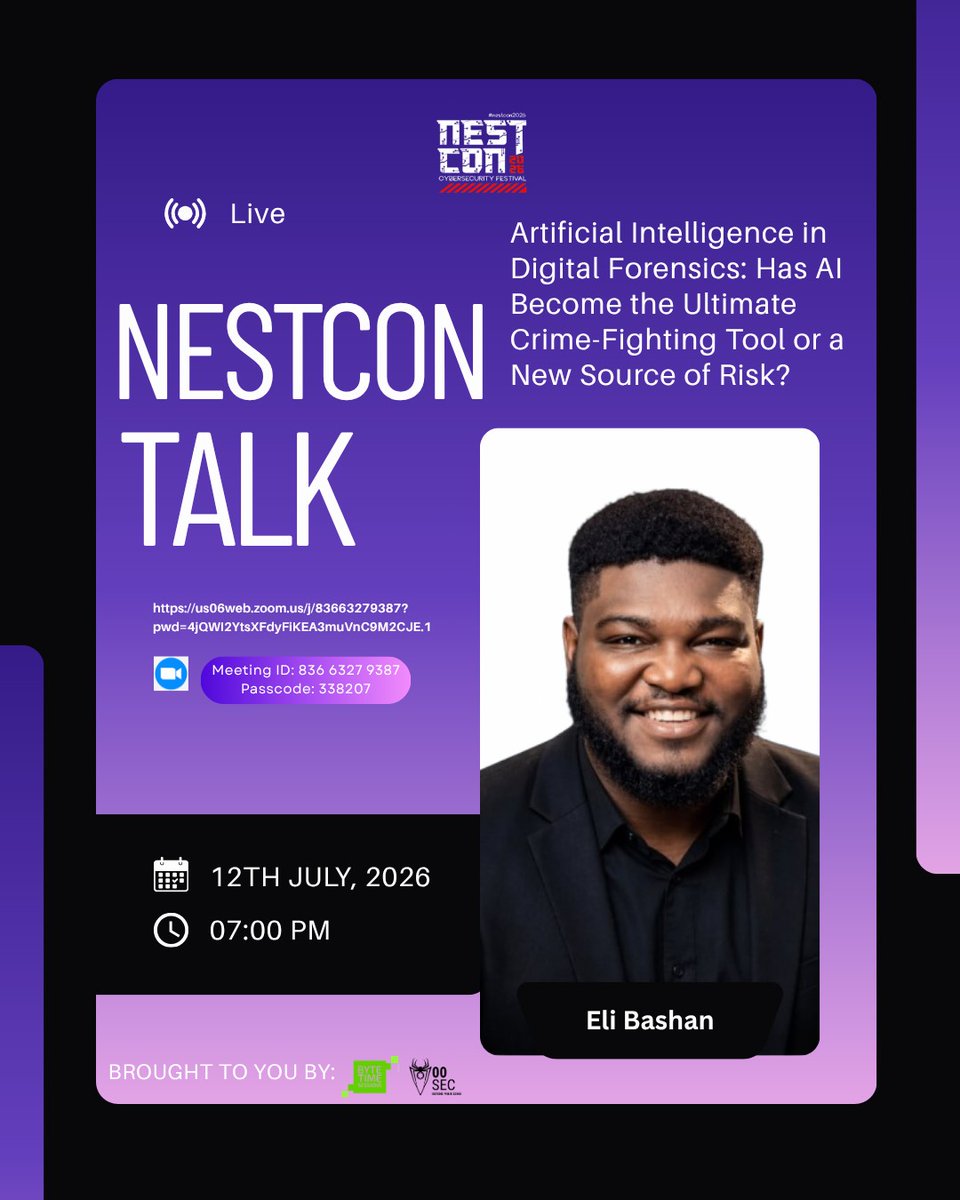 cybernestslive's tweet photo. NESTCON Talks is back!

Join us as a seasoned cybersecurity professional explores Artificial Intelligence in Digital Forensics

Date: Sunday, 12th July
Time: 7:00 PM GMT
Venue: https://t.co/BltSMm0ZiZ

#CyberSecurity  #NEST #NESTCONminictf #DivisionX #NESTCON #CTFzone https://t.co/hC07Oj0MVg