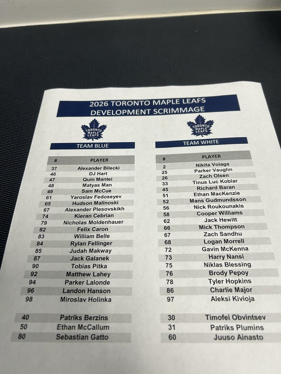 Arunthings's tweet photo. Maple Leafs development camp scrimmage roster. Gavin McKenna wearing 72. Lots of other notables to look out for this morning. https://t.co/wJdnAQjlY7