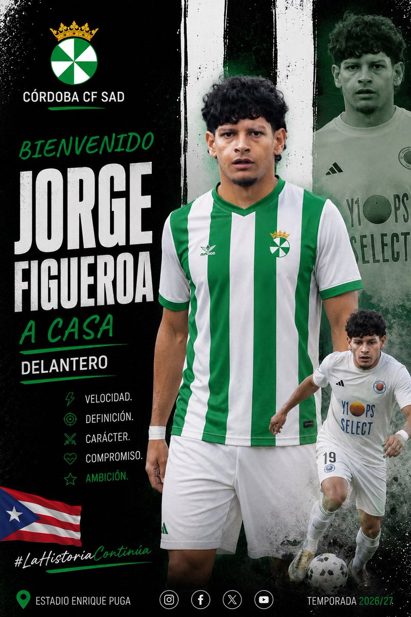 cordoba_cfsad's tweet photo. 🇵🇷⚽ ¡Bienvenido, Jorge Figueroa!
Delantero (2006), rápido y vertical. Llega procedente del CD Los Califas, de la mano de Y10PlusSoccer, para reforzar nuestro ataque.
¡A dejarlo todo por este escudo! 💚🤍
#CCFSAD #PrimeraAndaluza #LaHistoriaContinúa #Fichaje https://t.co/eNhDg82znJ